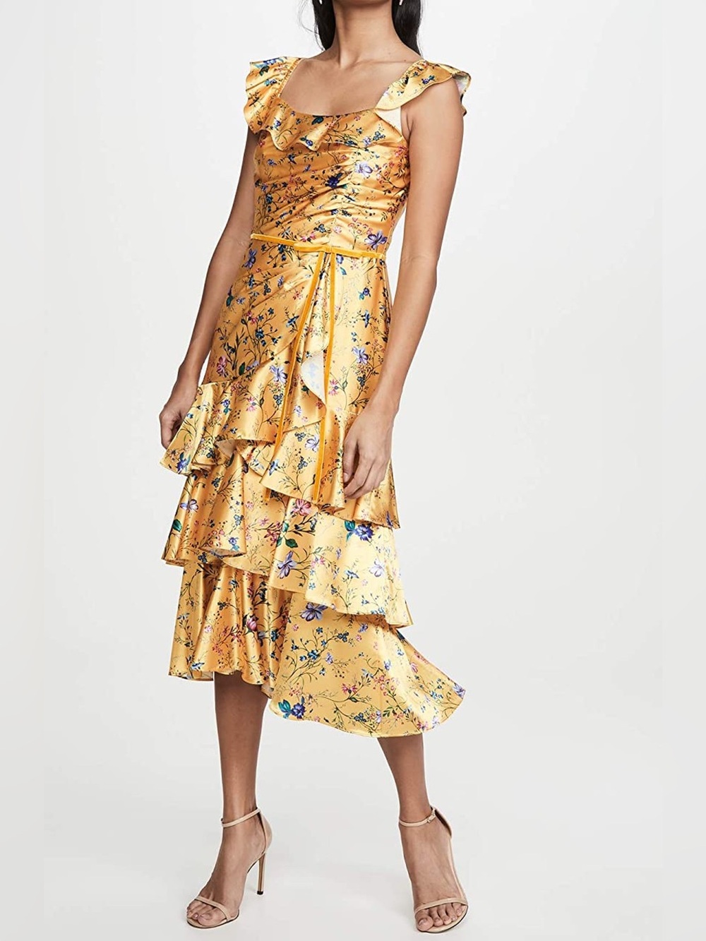 Marchesa Notte Sleeveless Printed Charmeuse Tiered Cocktail Dress (NWT)
